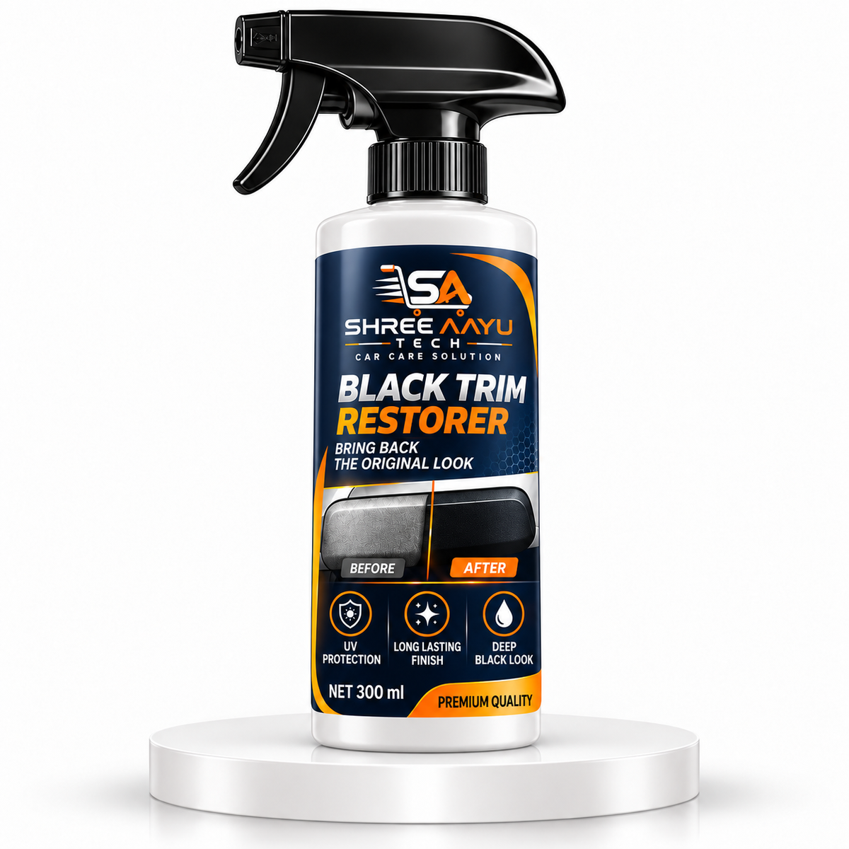 SHREE AAYU TECH Black Trim Restorer 300ml white cylindrical bottle